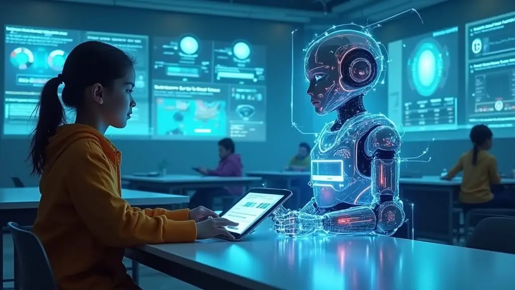 Student using Grok AI for learning in futuristic classroom