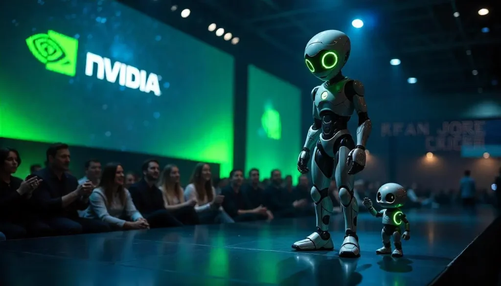 Nvidia Groot N1 humanoid robot with droid at GTC 2025 conference stage