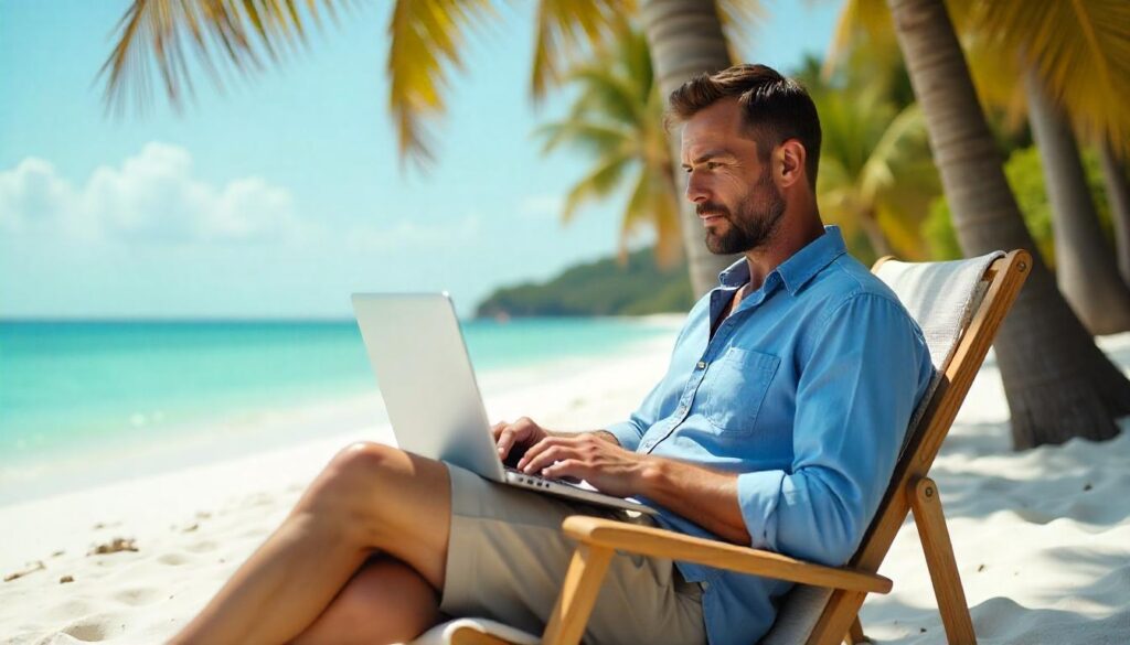 Digital nomad working on laptop at a beach in Goa India