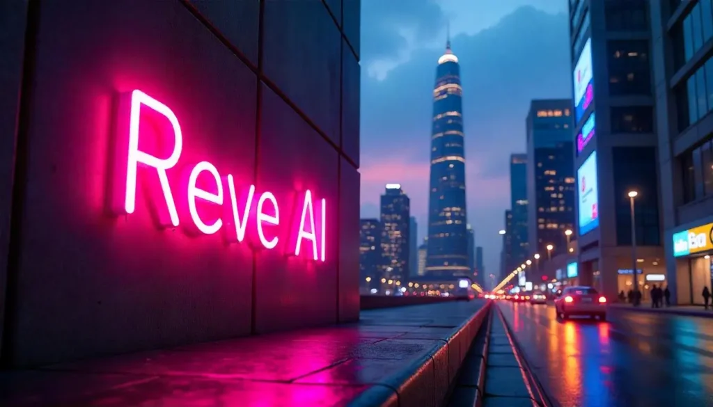 Futuristic cyberpunk cityscape at dusk with neon-lit skyscrapers in purples, blues, and oranges, featuring a glowing 'Reve AI Image 1.0' sign in crisp sans-serif font