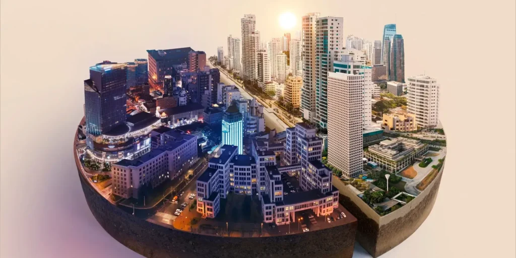 A futuristic cityscape representing India's Smart Cities initiative, showcasing modern infrastructure, digital connectivity, and sustainable urban planning