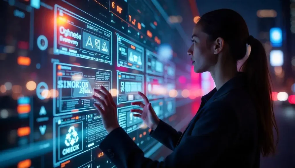 Futuristic digital landscape showcasing high-demand tech skills in 2025, including AI, cybersecurity, cloud computing, and blockchain, with a person interacting with AR technology.