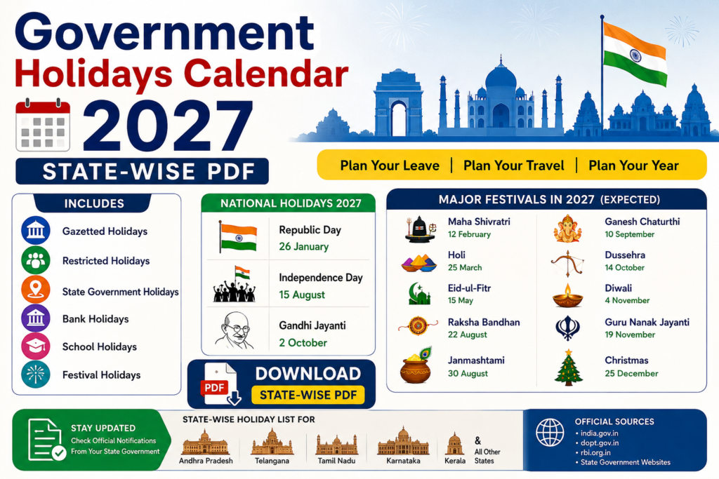 Government Holidays Calendar 2027 (State-wise PDF)