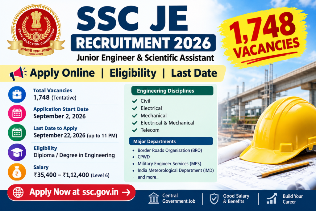 SSC JE Recruitment 2026: 1,748 Vacancies, Apply Online, Eligibility & Last Date