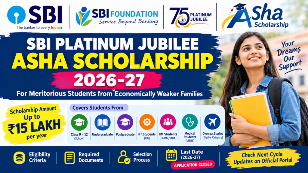 SBI Platinum Jubilee Asha Scholarship 2026-27 – Up to ₹15 Lakh, Eligibility, Last Date & Apply Online